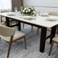 Staged dining room focusing on maroon table legs